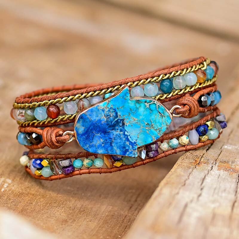 Blaue Hand der Fatima Türkis Wickelarmband | Boho