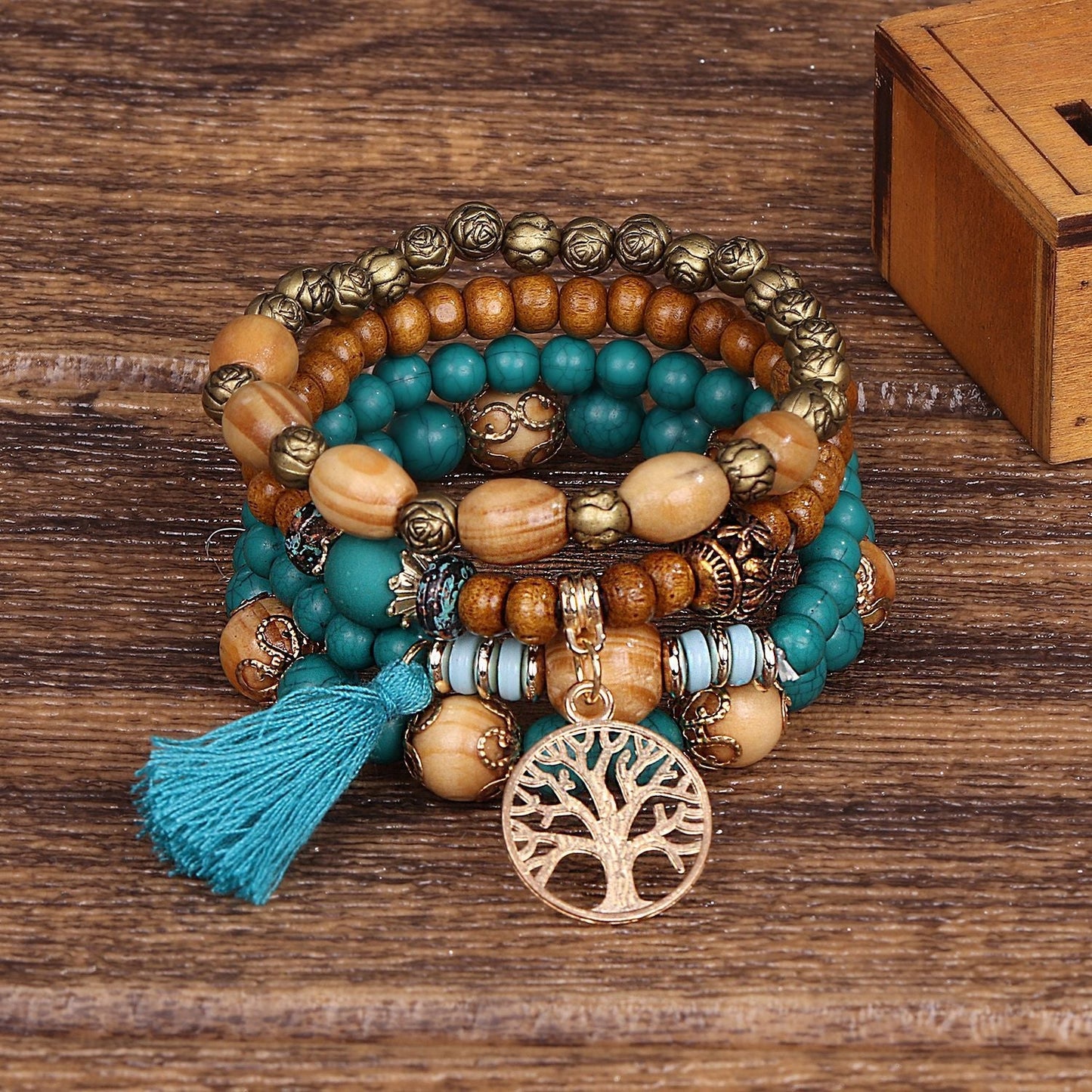 Boho Baum des Lebens Charme Perlenarmband Set - Türkis - 4er Set