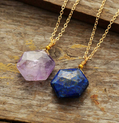 Khalee Samo Exquisite Simple Natural Stones Hexagon Lapis Amethysts Pendant Chain Necklace Women Luxury Choker Necklace OL Jewelry Wholesale