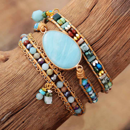 Khalee Samo Multilayered Leather Wrap Bracelet W/ Natural Stone Amazonite Beaded Strands Bracelet Boho Beads Jewelry Wholesale Dropship