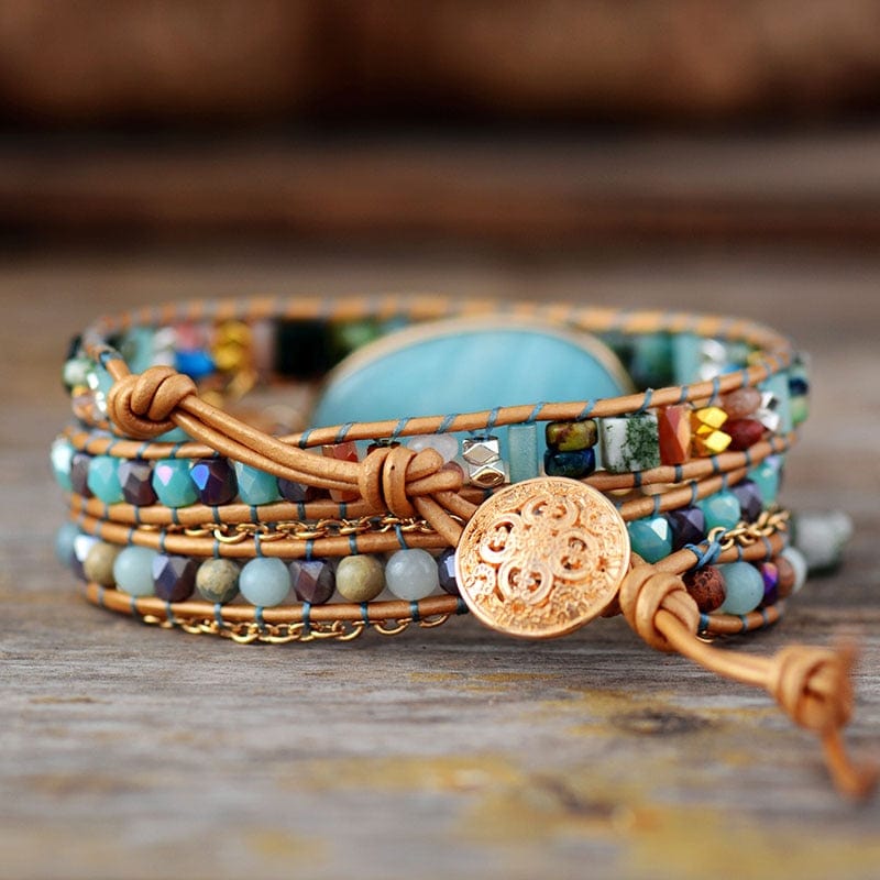 Khalee Samo Multilayered Leather Wrap Bracelet W/ Natural Stone Amazonite Beaded Strands Bracelet Boho Beads Jewelry Wholesale Dropship