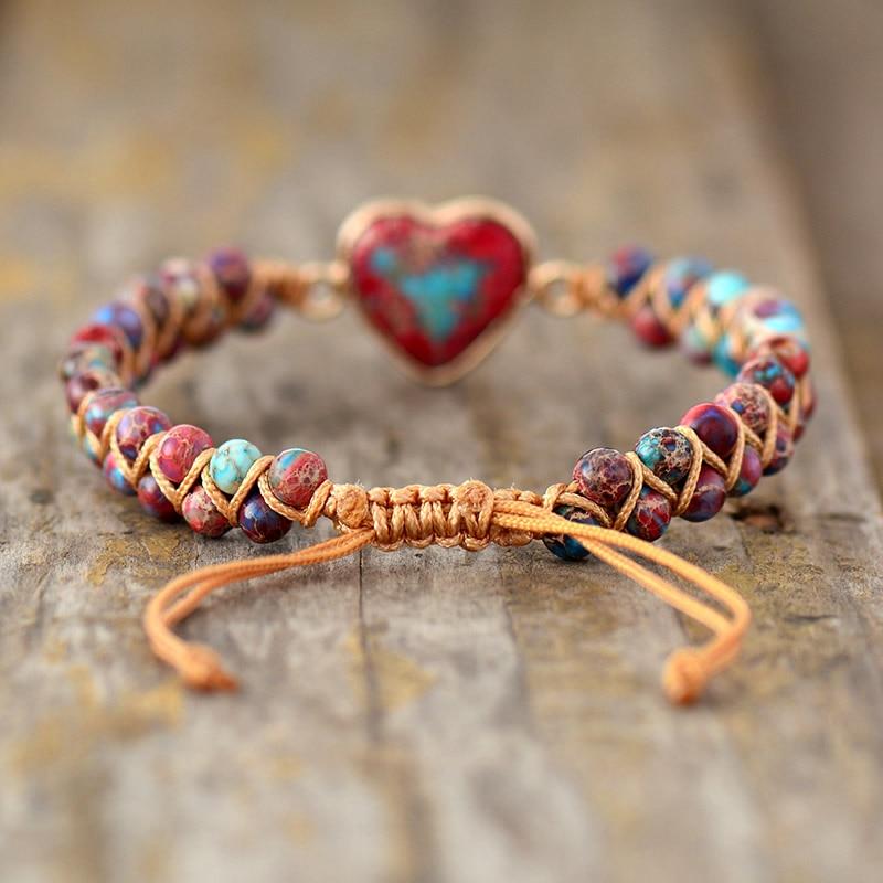 Khalee Samo Natural Stone Heart Charm Bracelets String Braided Macrame Bracelets Jaspers Friendship Wrap Bracelet Femme Women Jewelry