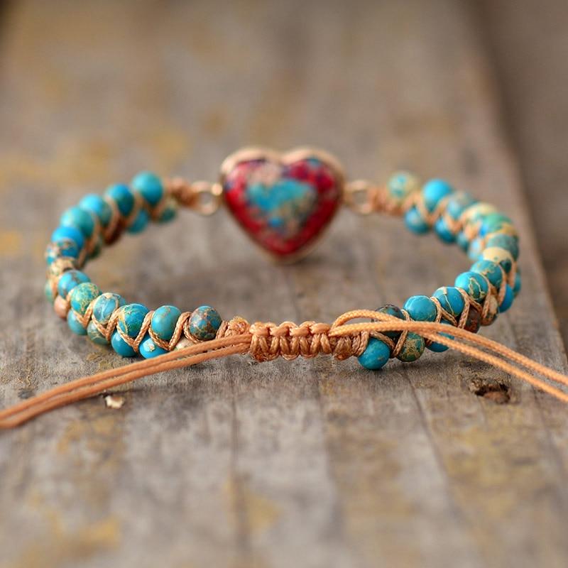 Khalee Samo Natural Stone Heart Charm Bracelets String Braided Macrame Bracelets Jaspers Friendship Wrap Bracelet Femme Women Jewelry