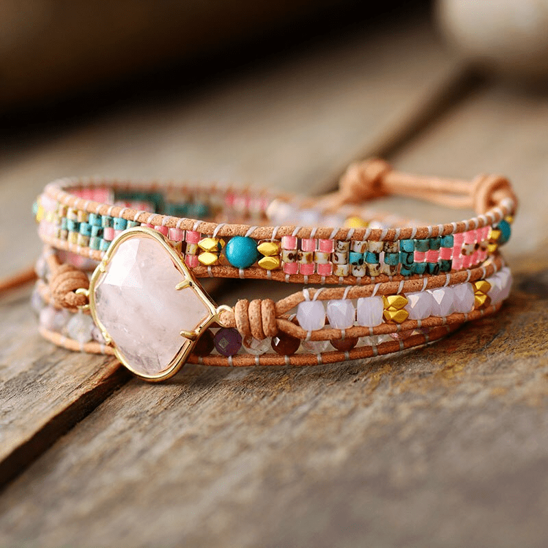 Khalee Samo Rosenquarz Wickelarmband | Boho | 100% Handgemacht