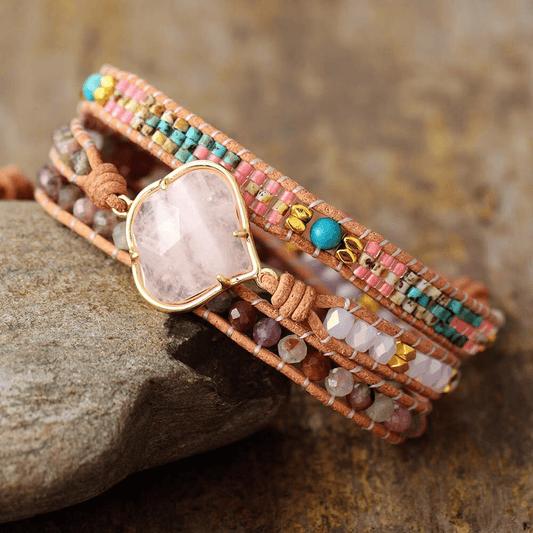 Khalee Samo Rosenquarz Wickelarmband | Boho | 100% Handgemacht