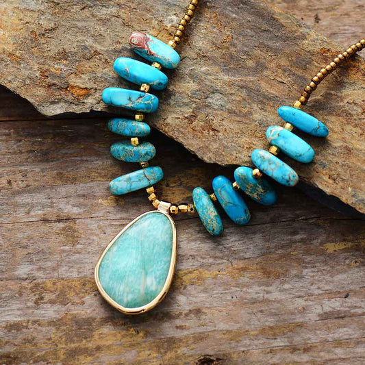 Khalee Samo Unique Natural Stones Amazonite Pendant Necklace Women Exquisite Jaspers Charm Beaded Choker Necklace OL Jewelry Gifts Wholesale